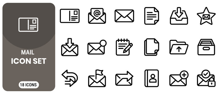 Mail icon set featuring 18 different email and communicationrelated symbols in black and white design