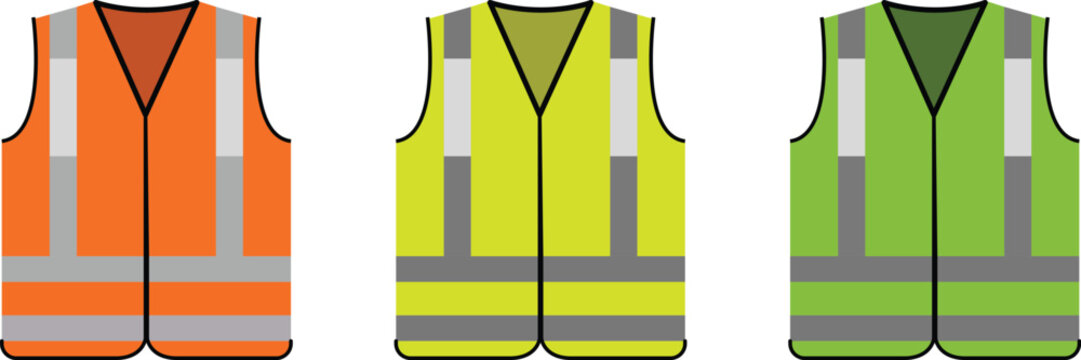 classic work safety vest hi vis clothing set, fluorescent orange green yellow high visibility construction safety vest icon collection for industrial protection, road work and workplace safety design