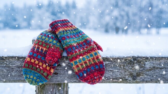Colorful knitted wool mittens resting on a rustic wooden fence in a snowy winter landscape with falling snow