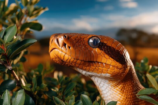 A close-up captures the striking head of a snake nestled among verdant foliage, its patterned scales and piercing eye drawing attention to the reptile's fascinating detail