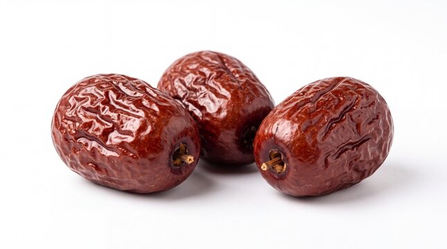 Three dried jujube fruits arranged in a small cluster showing wrinkled brown skin and natural textures captured on white background