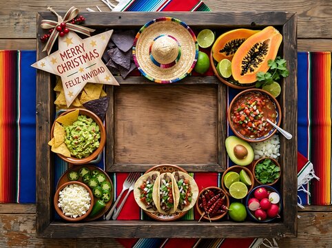 Rustic wooden frame filled with mexican food ingredients and festive decorations