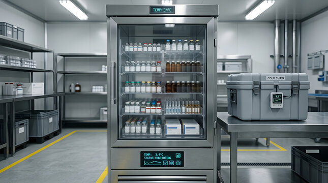 Modern medical laboratory refrigerator filled with vaccine vials and medicine bottles