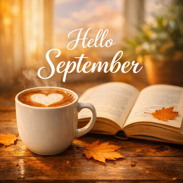 Hello september - autumn scene with a heart‑foam coffee, an open book, and scattered maple leaves. Seasonal greetings, blogs, and inspirational fall content.