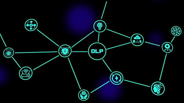DLP data security concept featuring sensitive information protection, enterprise compliance, cloud security, access control and digital risk management.
