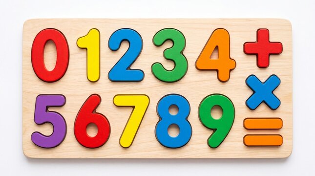 Colorful wooden educational puzzle board featuring numbered digits and basic mathematical symbols arranged neatly on a plain bright white background