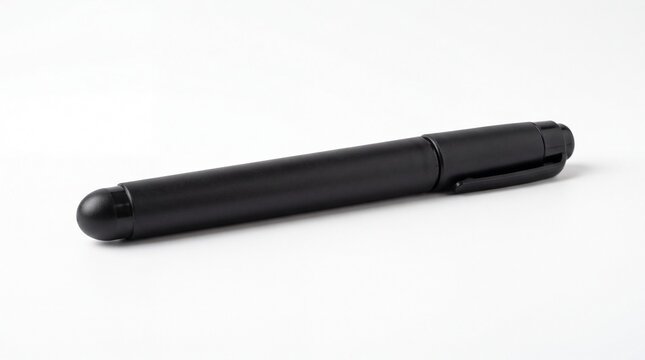 Black matte permanent marker with a plastic clip lying horizontally to capture sharp details and shadows on white background