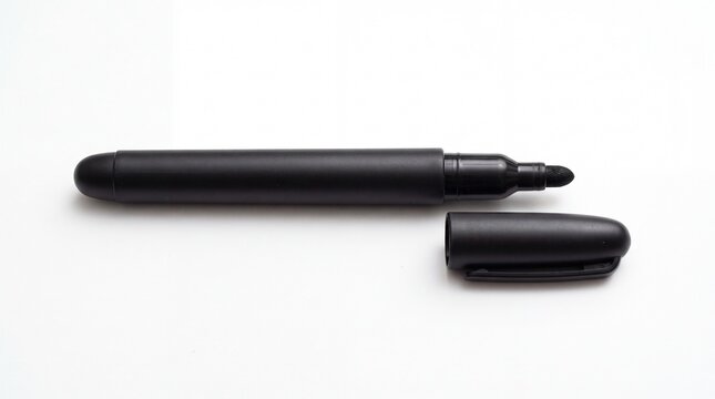 Professional black permanent marker with removable cap resting horizontally for office and creative art supplies projects on white background