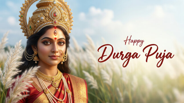 Happy durga puja greeting card featuring an indian woman in a golden crown and generated using ai