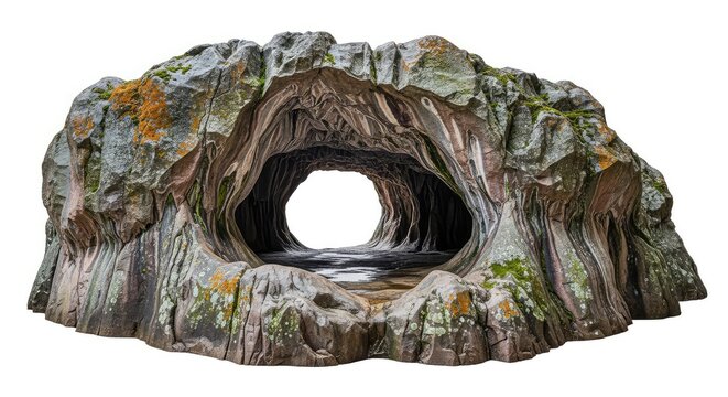 A natural stone cave formation featuring a central opening, isolated on a clean white background, showcasing rugged grey rock textures, cave, opening, texture