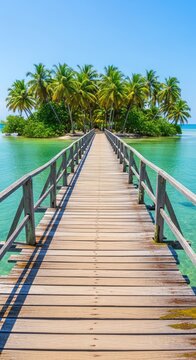 A rustic weathered wooden footbridge stretches across calm turquoise water toward a lush tropical island filled with palm trees and sun, palm trees, idyllic, remote