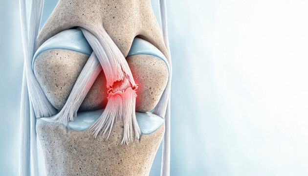 Medical illustration of a torn anterior cruciate ligament within the human knee joint anatomy