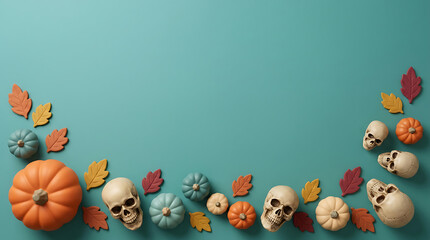Fototapeta premium Flat lay composition featuring decorative pumpkins and human skulls arranged with colorful autumn leaves on a solid teal background for a festive halloween celebration