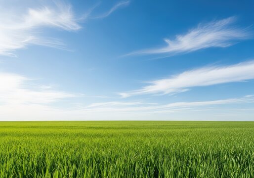A vast expanse of lush green grass rolls across a serene meadow beneath a wide blue sky filled with soft, white clouds on a sunny day, flora, afternoon, tranquility