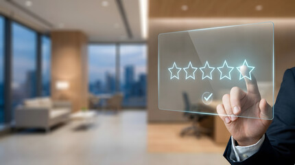 Plakat Businessman hand touching a digital interface in a modern corporate office with city skyline view
