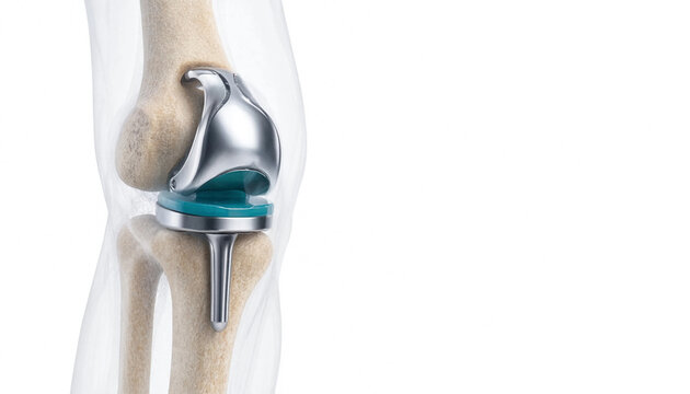 Medical illustration of a human knee joint showing total knee replacement implant surgery