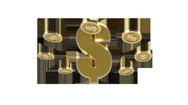 Golden dollar coins orbiting a large central dollar symbol in a seamless loop alpha ready