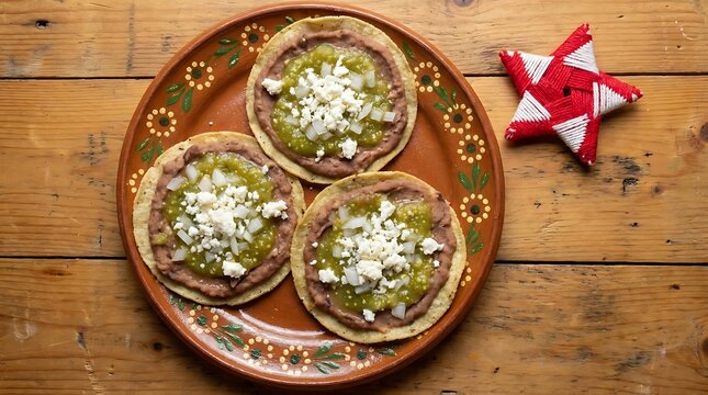 Authentic mexican sopes topped with refried beans green salsa fresh cheese