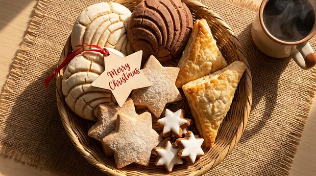 Traditional mexican pan dulce sweet breads and pastries in a basket with coffee
