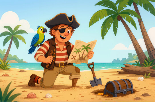 Cartoon Pirate with Parrot and Treasure Map on a Tropical Beach