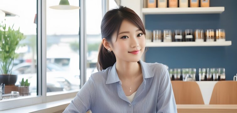 Young Asian woman wearing light blue blouse sitting in bright cafe workspace looking at camera portrait for corporate stock photo presentation website background header element banner design