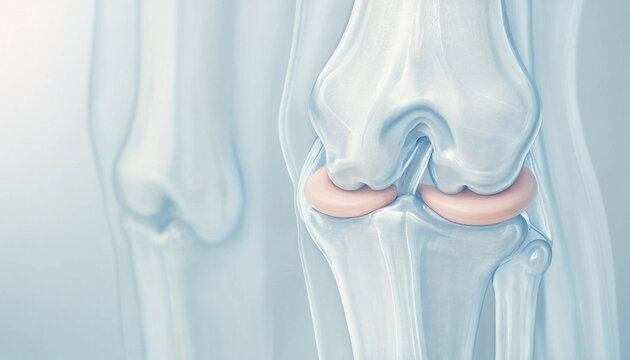 Medical illustration of a human knee joint anatomy showing bones and meniscus with a translucent effect