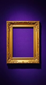 An ornate gold picture frame centered on a deep royal purple textured wall, perfect for displaying fine art and sophisticated photography, exhibition, decorative, canvas