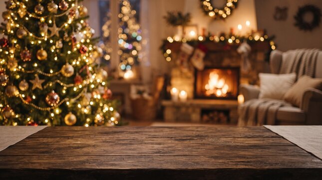 Empty rustic wooden table top with a blurred cozy living room as a beautiful christmas backround for display