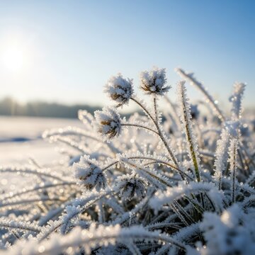 Close-up of delicate frozen grass and wildflowers covered in sparkling snow crystals during a bright sunny winter day in a calm landscape, texture, light, cold
