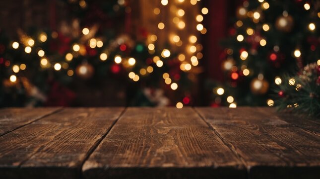 Rustic wooden table top with a festive christmas backround featuring blurred glowing holiday fairy lights for seasonal celebration