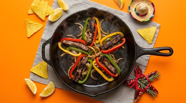 Mexican sizzling fajitas with bell peppers and onions in a cast iron skillet