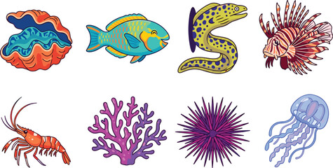 Obraz premium Cartoon vector illustrations of marine life including clam, parrotfish, moray eel, lionfish, lobster, coral, urchin, jellyfish