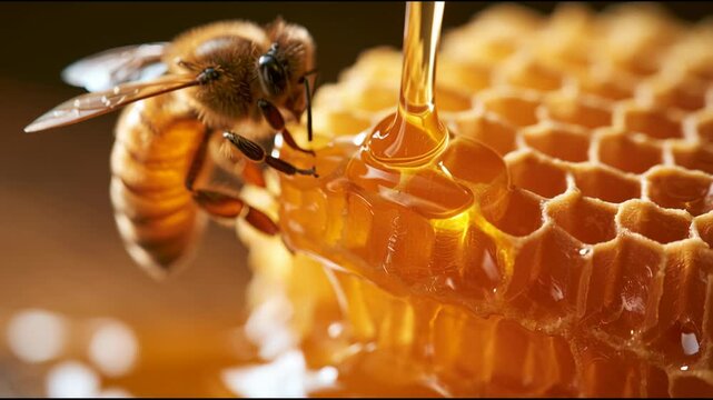 Bees collect honey from a honeycomb as slow strands of golden honey drip down. The action happens in a natural setting during daylight.
