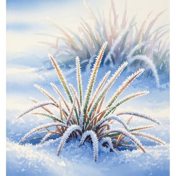 Delicate watercolor painting of frozen grass blades coated in crystalline frost, set within a peaceful, snowy meadow at early morning light, dawn, watercolor, botanical