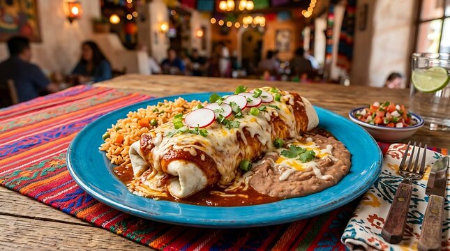 Mexican wet burrito smothered in red sauce and melted cheese on a blue plate