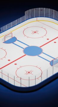 Detailed isometric view of a professional ice hockey rink featuring red and blue markings, goals with nets, and a smooth frozen ice surface, white, hockey, graphic