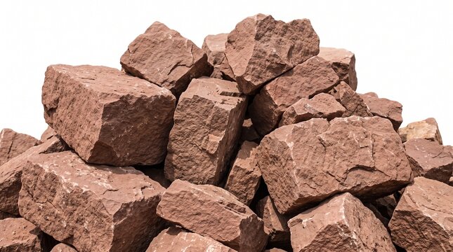 Pile of reddish-brown sandstone blocks with rough texture for construction or landscaping