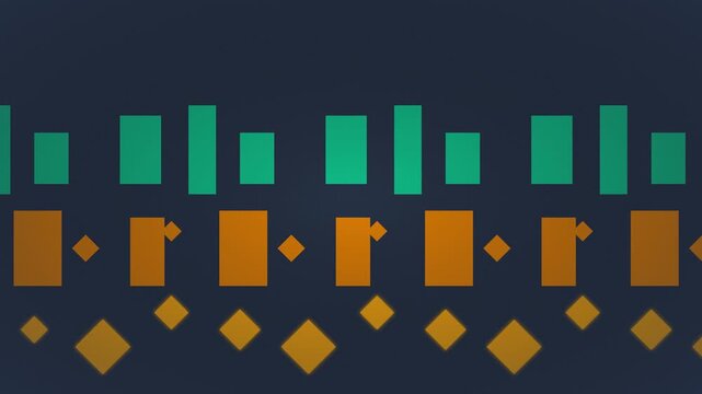 Symmetrical Layered Geometric Pattern of Green, Orange, and Yellow Shapes on Dark Background