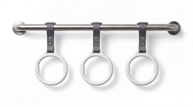Metallic horizontal safety bar featuring three sturdy white circular grab rings for passenger stability captured isolated on white background