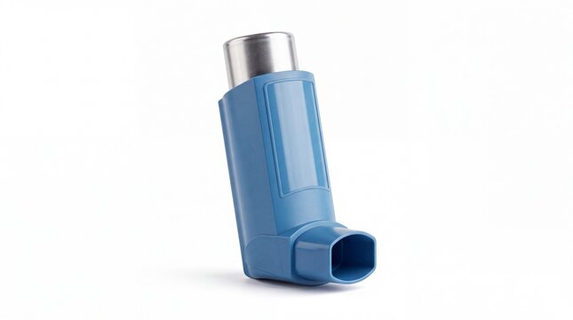 Blue asthma inhaler standing on white background