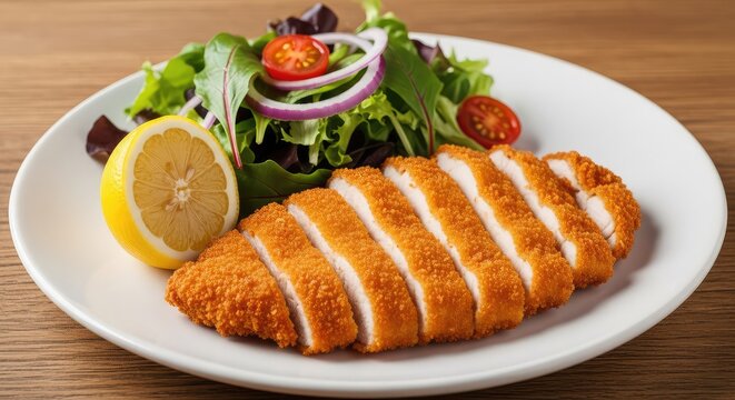 Golden crispy breaded chicken cutlet served on a white ceramic plate with a fresh lemon wedge and green salad garnish on a wooden table, fillet, savory, protein