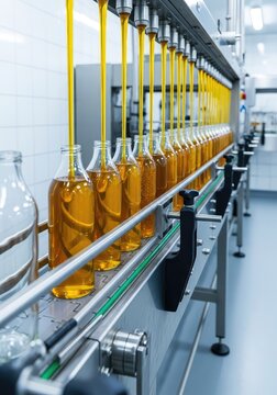 Golden liquid flows into transparent glass bottles on a high-speed automated conveyor belt inside a clean industrial production facility, glassworks, plant, liquid