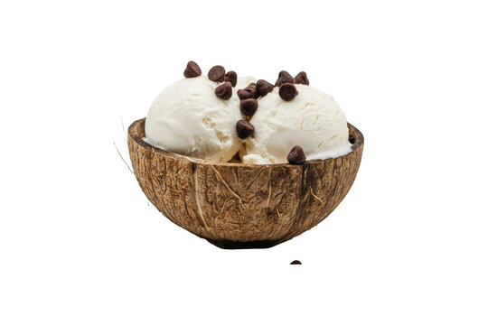 Two scoops of vanilla ice cream topped with chocolate chips served inside a natural brown coconut shell bowl isolated on a transparent background