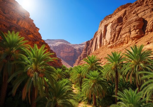 Lush green date palms spread across a fertile valley floor surrounded by towering orange sandstone cliffs under a clear bright sunny sky, vegetation, vista, flora