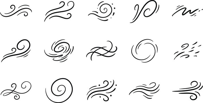 Collection of hand drawn wind and air gust doodle elements for design and motion graphics
