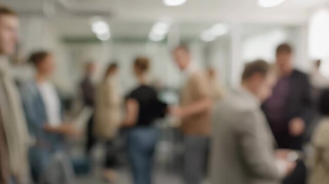 Office workers interact and walk through a brightly lit open-plan workplace while intentionally blurred. Business presentations, corporate communication, and human resources campaigns.