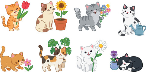 Obraz premium Cartoon vector illustrations of cute cats with flowers, plants, watering can, bouquet, daisy, tulip, sunflower, monstera