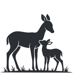 Fototapeta premium Mother Doe Deer and Fawn Silhouette Vector Illustration Isolated on White Background