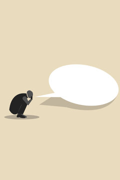 Businessman whispering into a huge empty speech bubble, representing business feedback, communication, corporate secrets, and copy space options
