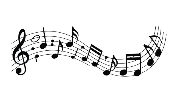 Musical note wave vector featuring melody symbols, bass and treble notes for sheet music, sound, composition and musical design